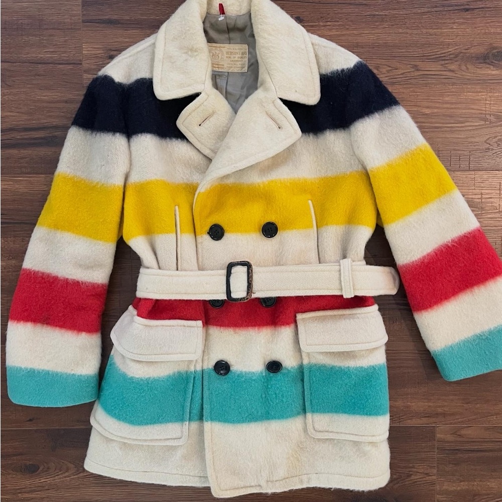 Mid Century Vintage Hudson’s Bay Company Lined Wool Coat! Stripes Blanket Sz LG
